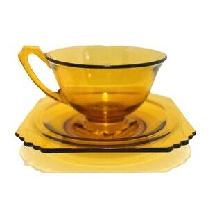 Diamond Glass Charade Amber Cup & Saucer 1930s Elegant Depression